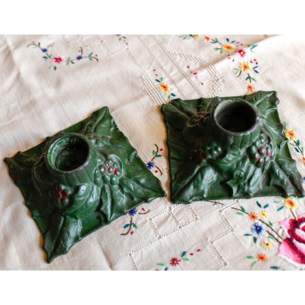 Pair of Cast Iron Holly Leaf & Berry Christmas Candle Holders Snead Co. Antique